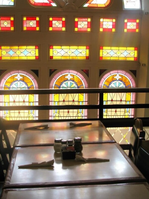 Interior, stained glass, view of stained glass from loft
