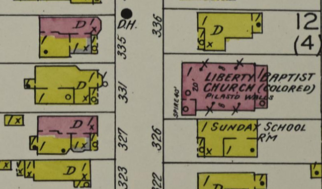 1934 Sanborn Fire Insurance Map showing church before extension