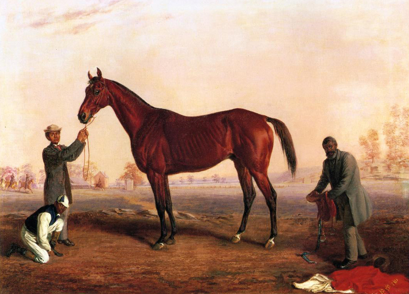 "Asteroid with trainer Ansel Williamson, jockey Brown Dick, circa 1864, Edward Troye, from Lacer p210."