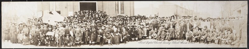 "Panoramic group photograph of the First Baptist Church Sunday School at 266 East Short Street, at Deweese Street, Lexington, Kentucky."